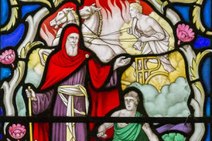 Elisha and his servant. Glass by Skeat in a bottom panel of a Warrington window. Circa 1960.
